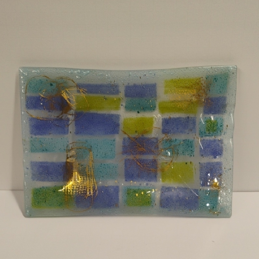 Colorful MCM Fused Glass Decorative Tray Signed Higgins
